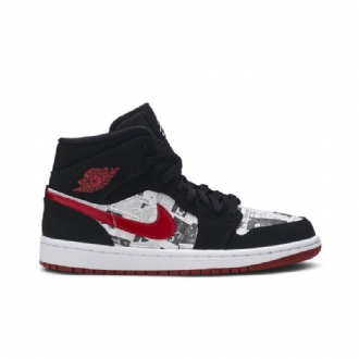 Air Jordan 1 Mid Se Svart Rød Hvit Herresko