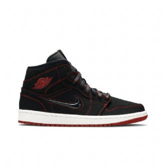 Air Jordan 1 Mid Svart Hvit Rød Herresko