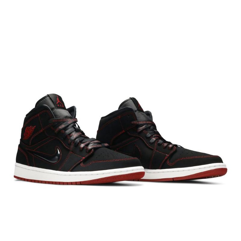 Air Jordan 1 Mid Svart Hvit Rød Herresko