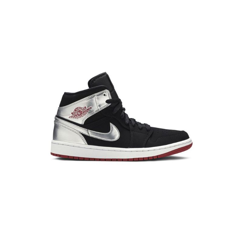 Air Jordan 1 Mid Svart Sølv Rød Herresko