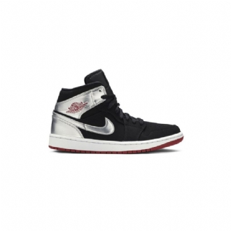 Air Jordan 1 Mid Svart Sølv Rød Herresko