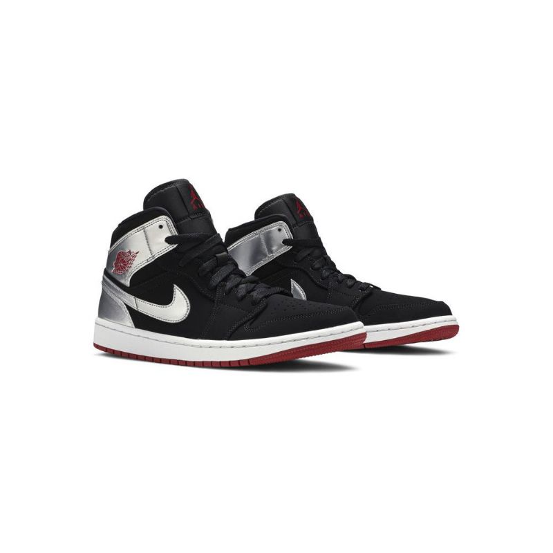 Air Jordan 1 Mid Svart Sølv Rød Herresko