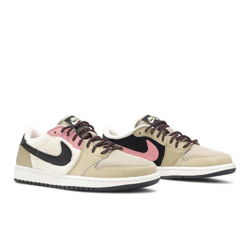 Air Jordan 1 Retro Low Fleece Beige Svart Rosa Hvit Damesko